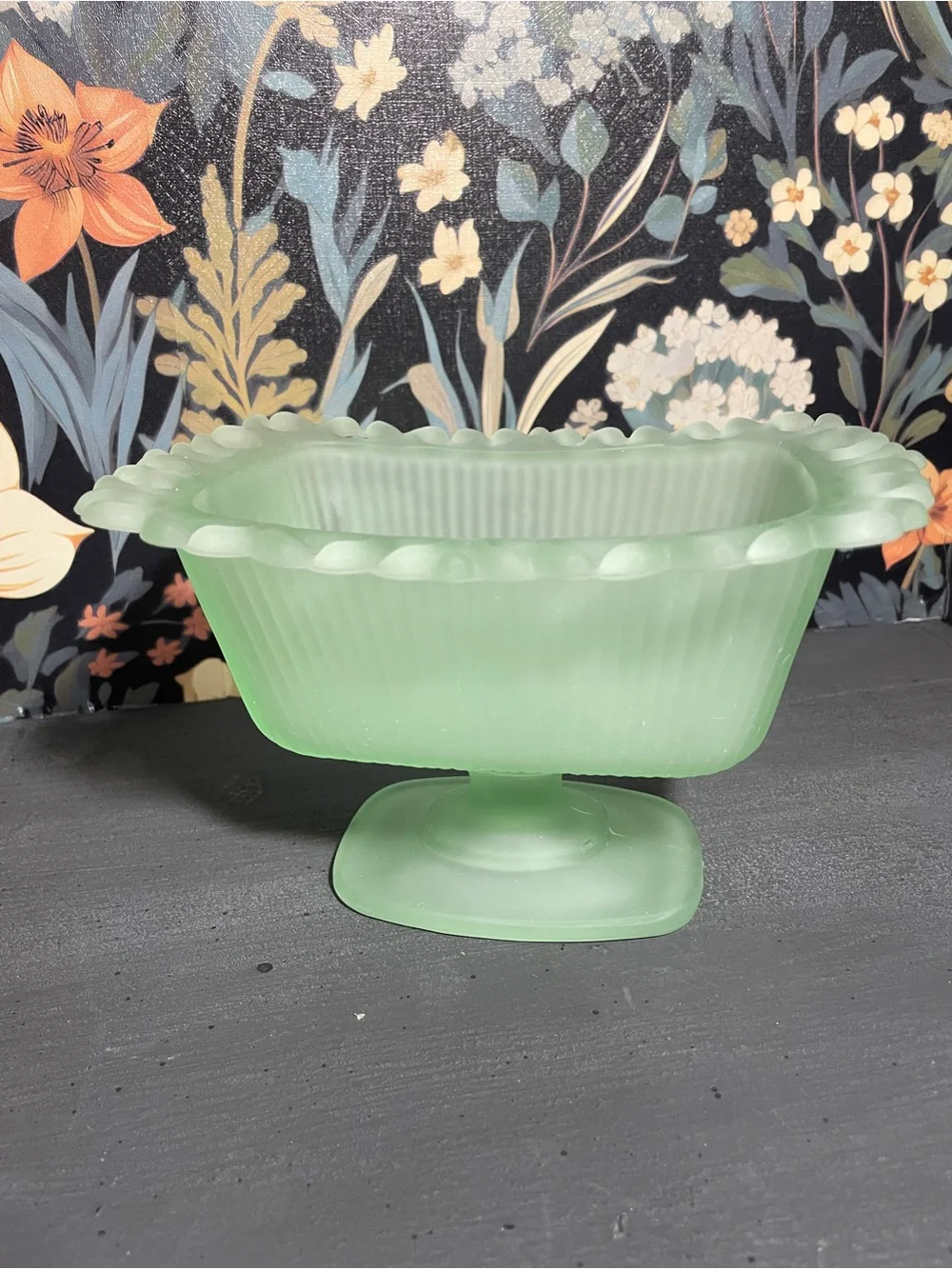 Frosted Sea Green Pedestal Compote Candy Dish MCM Vintage